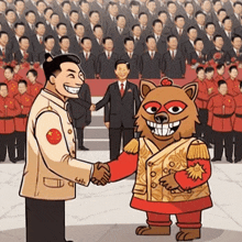 a cartoon of two men shaking hands in front of a crowd of men