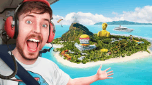 a man wearing headphones stands in front of an island with a burger king advertisement