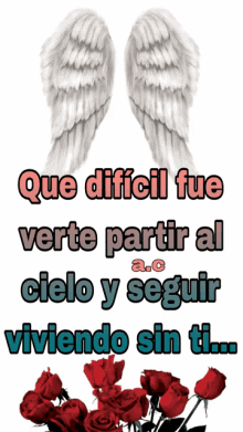 a poster with angel wings and red roses says que dificil fue verte partir al cielo y seguir viviendo sin ti