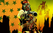 an illustration of a zombie holding a gun in front of an american flag