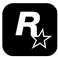 a black square with a white letter r and a star in it .