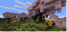 a bee in a minecraft world with a cherry blossom tree in the background