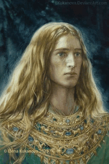 a painting of a man with long hair and a gold necklace by elena kukanova