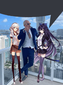 a man smoking a cigar standing next to two anime girls on a balcony