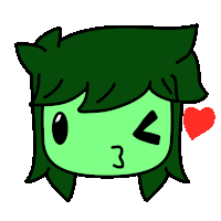 a cartoon drawing of a person with green hair and a heart in the background