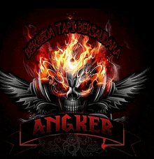 a skull with flames coming out of its eyes and the word angker below it