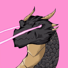 a drawing of a dragon with purple lasers coming out of its eyes on a pink background