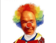 a man dressed as a clown with a red nose and colorful wig