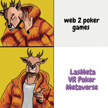 a cartoon of a deer with the words web 2 poker games lasmeta vr poker metaverse on the bottom