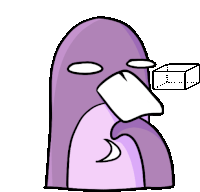 a cartoon drawing of a purple bird with a cone on the background