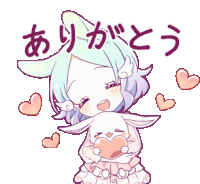 a girl is holding a white rabbit with a heart in her hands with hearts around her