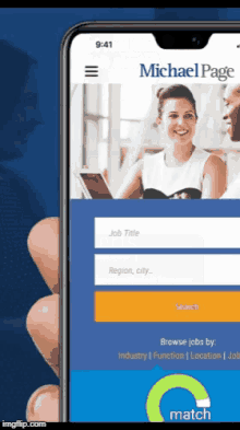 a phone screen shows a michael page app