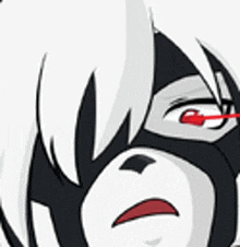 a close up of a cartoon character 's face with a mask on and red eyes .