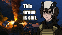 a girl with a badger hat stands in front of a burning building with the words " this group is shit "