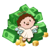 a cartoon angel is surrounded by a pile of money and gold coins