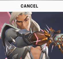 a screenshot of a video game character with the word cancel below it