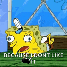 a cartoon of spongebob saying `` because i dont like it ''