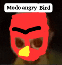 a red angry bird mask with a yellow beak