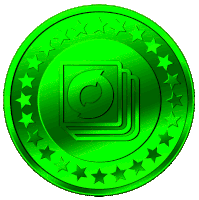 a green coin with a stack of books on it and stars around it