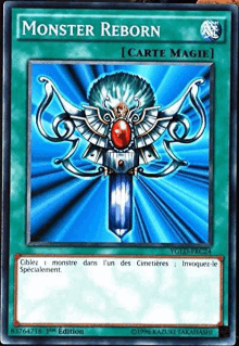 a monster reborn card from yu gi oh has a picture of a monster on it