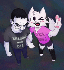 a man wearing a black shirt that says billions must die next to a white cat