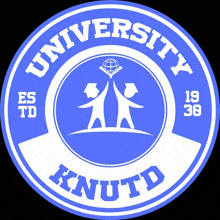 a blue and white logo for university knutd with two people and a globe