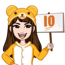 a cartoon girl wearing a bear hat is holding a sign that says 10