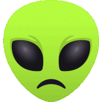 a green alien face with black eyes and a sad look on its face