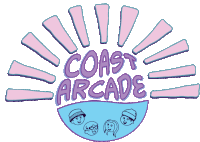 a logo for the coast arcade with a sun and people