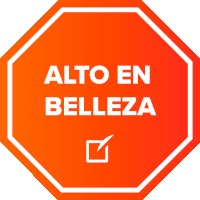 a red sign that says alto en belleza with a check mark