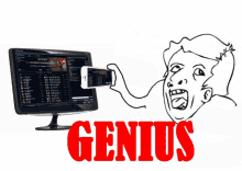 a computer monitor with the word genius in red