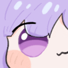 a close up of a cartoon character with purple hair and purple eyes .