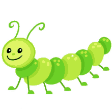 a green caterpillar with a yellow face and a smile on its face