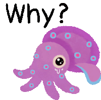 a purple octopus with the word why written below it