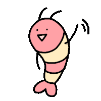 a cartoon drawing of a pink and yellow shrimp with a bird 's face