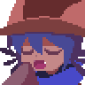 a pixel art drawing of a girl with blue hair and a hat