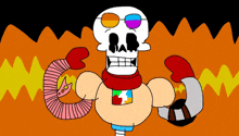 a cartoon drawing of a skeleton wearing sunglasses and a scarf .