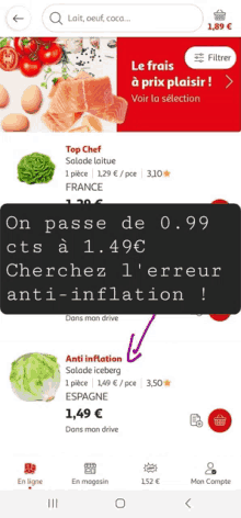 a screenshot of an app that says on passe de 0.99 cts a 1.49 €