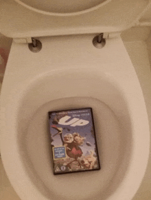 a disney pixar dvd sits in a toilet seat