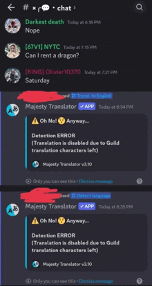 a screenshot of the majesty translator app showing a detection error