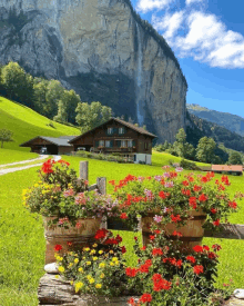 a house with a waterfall in the background is surrounded by flowers