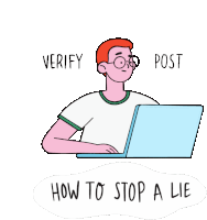 an illustration of a man using a laptop with the words verify how to stop a lie below him