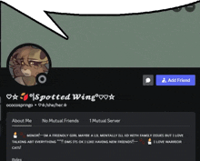 a screenshot of spotted wing 's profile with a speech bubble