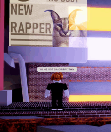 a cartoon character standing in front of a brick wall with a sign that says new rapper