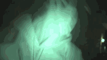 a person in a hoodie is standing in the dark with a green light coming out of their face .