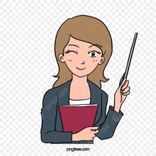 a woman in a suit is holding a book and a pointer