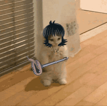 a cat with a drawing of a girl on its face holding a sword