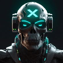 a skull with headphones on has a blue x on it