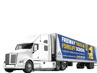 a white semi truck with a blue trailer that says freeway truck and forklift school