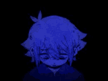 a person with blue hair is standing in the dark with their eyes closed and their hair is glowing in the dark .